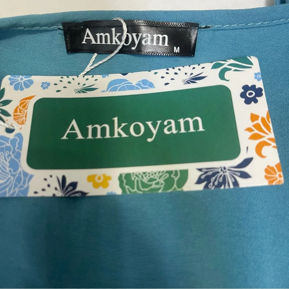 AMKOYAM Women's Puff Sleeve Tie Neck Swing Button Down Ruffle Maxi Dress… - Picture 6 of 9